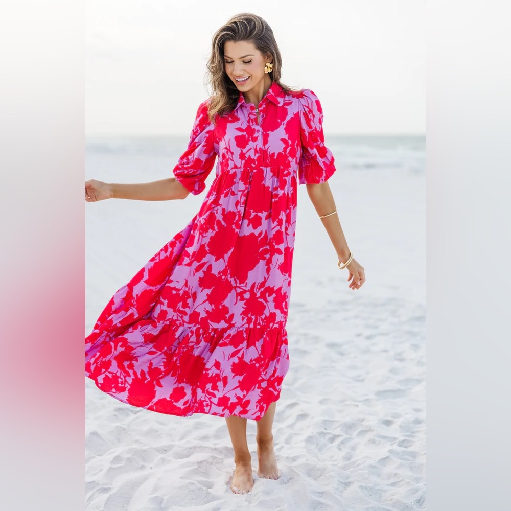 TCEC Here For A Good Time Pink and Red Floral Maxi Dress with Short Puff Sleeves